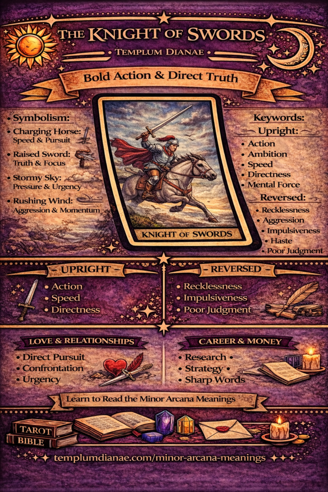 knight of Swords card meaning infographic cheat sheet with keywords and all meanings upright and reversed