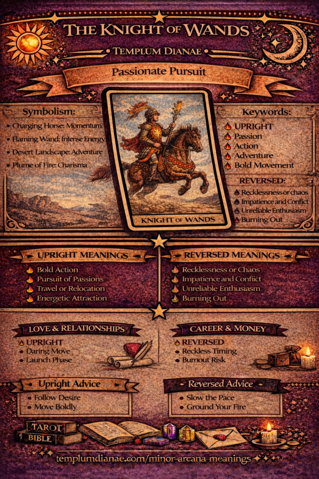 knight of wands card meaning infographic cheat sheet with keywords and all meanings upright and reversed