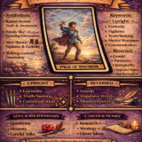 page of Swords card meaning infographic cheat sheet with keywords and all meanings upright and reversed