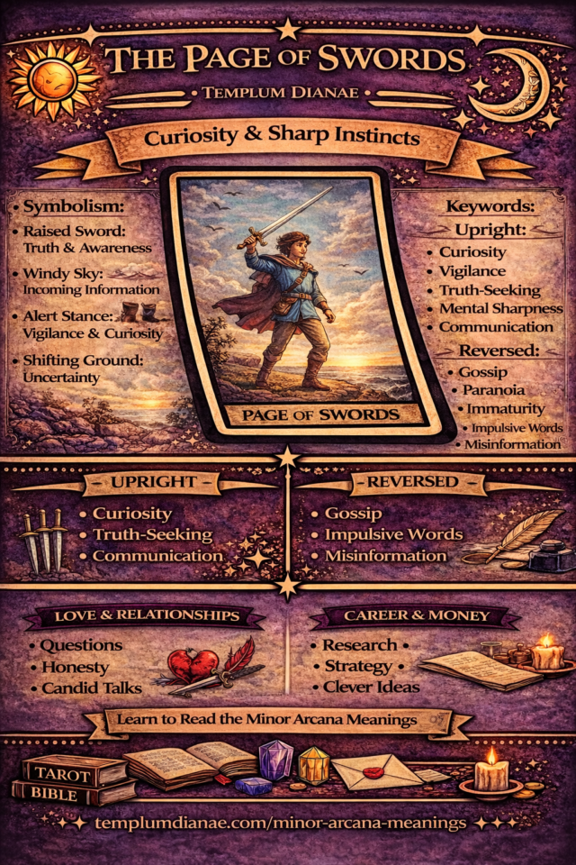 page of Swords card meaning infographic cheat sheet with keywords and all meanings upright and reversed