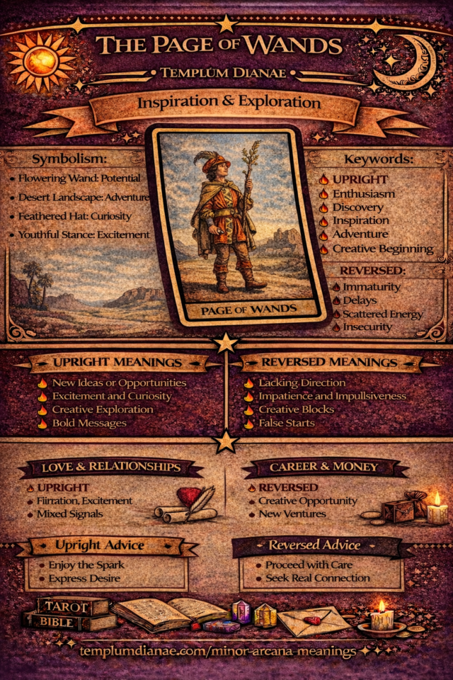 page of wands card meaning infographic cheat sheet with keywords and all meanings upright and reversed