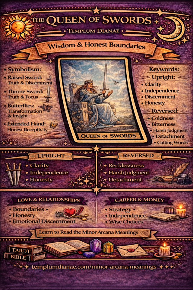 queen of Swords card meaning infographic cheat sheet with keywords and all meanings upright and reversed