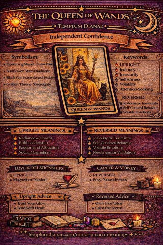 queen of wands card meaning infographic cheat sheet with keywords and all meanings upright and reversed