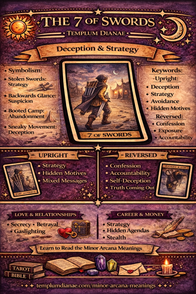 7 of Swords card meaning infographic cheat sheet with keywords and all meanings upright and reversed