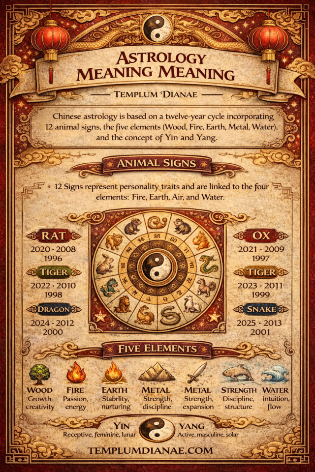 Chinese Astrology Meaning vertical infographic with keywords