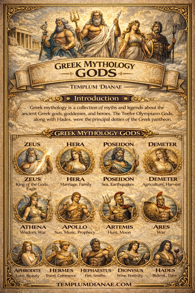 Greek Mythology Gods and Goddesses vertical infographic with keywords