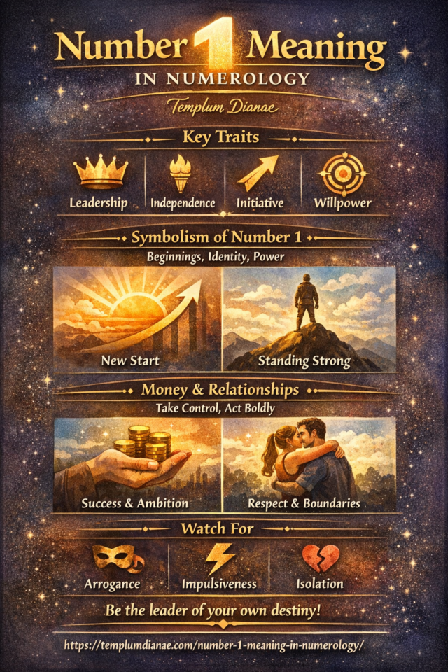 Number 1 meaning in numerology vertical infographic with keywords