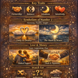 Number 2 meaning in numerology vertical infographic with keywords interpretations