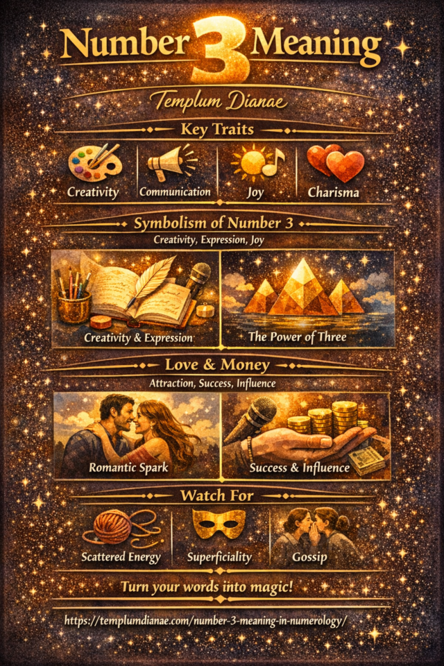 Number 3 meaning in numerology vertical infographic with keywords interpretations