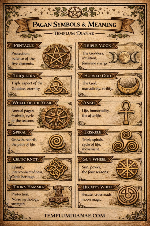 Pagan Symbols and Meanings vertical infographic with keywords