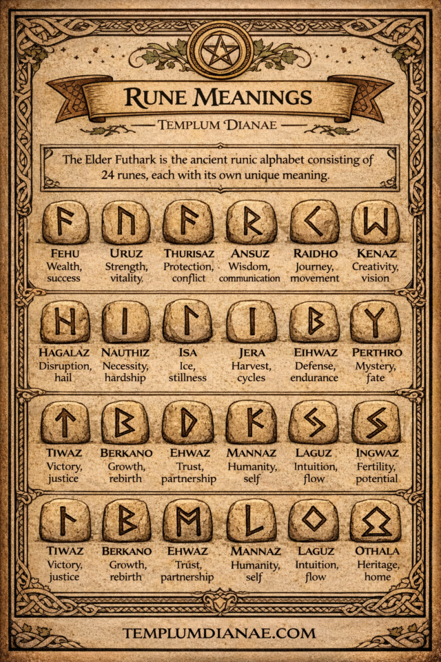 Rune Meanings vertical infographic with keywords