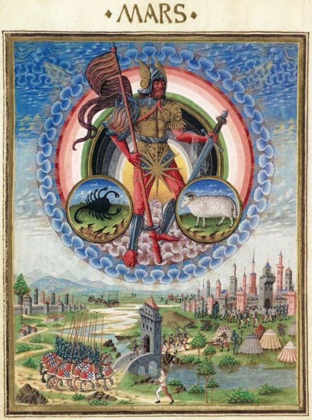 Mars (Mars) in astrology depicted in the 15th-century illuminated De Sphaera manuscript from Modena