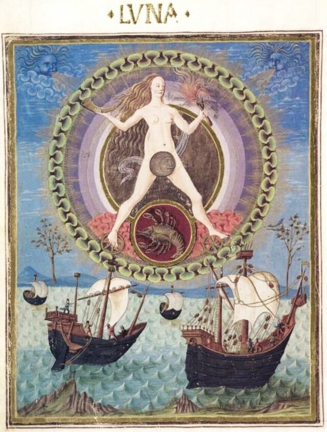 Luna (Moon) in astrology depicted in the 15th-century illuminated De Sphaera manuscript from Modena