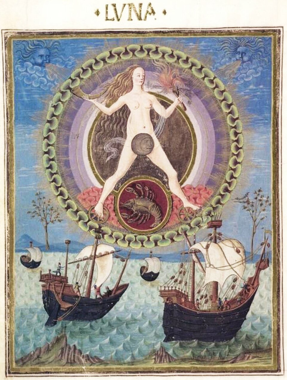 Luna (Moon) in astrology depicted in the 15th-century illuminated De Sphaera manuscript from Modena