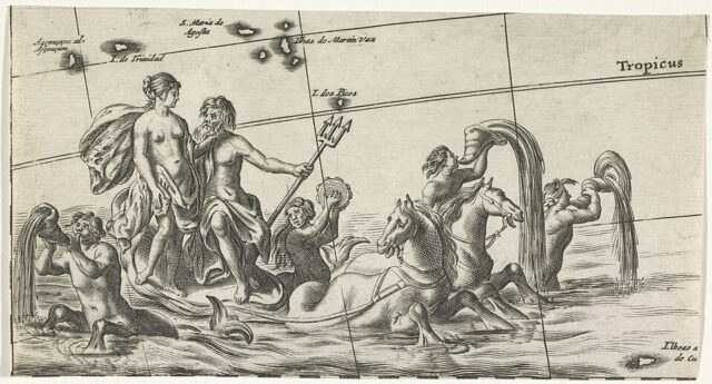 Neptune with Amphitrite and sea deities, seventeenth-century engraving illustrating Neptune mythology in astrology
