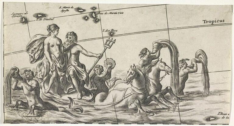 Neptune with Amphitrite and sea deities, seventeenth-century engraving illustrating Neptune mythology in astrology