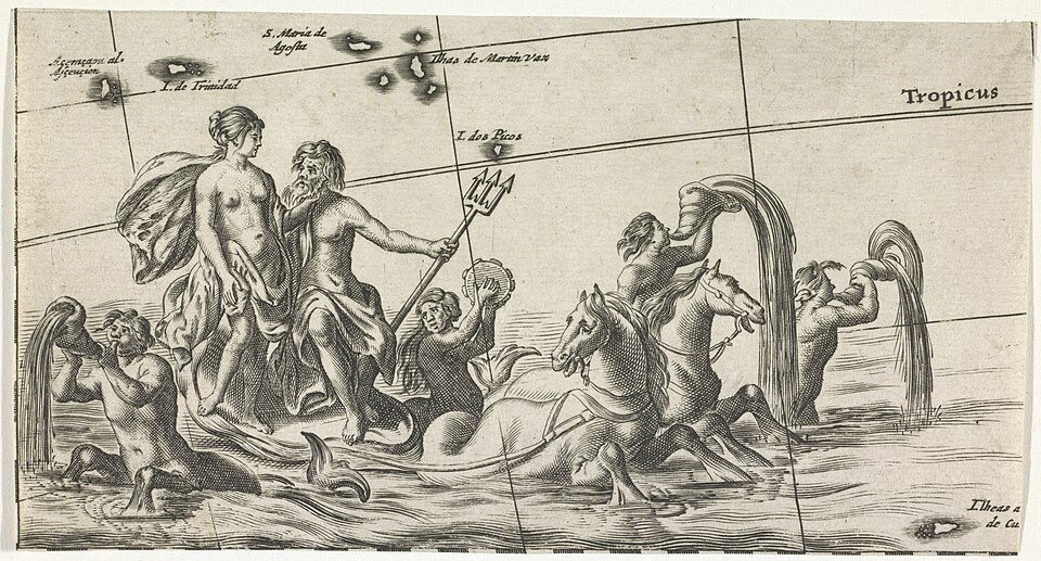 Neptune with Amphitrite and sea deities, seventeenth-century engraving illustrating Neptune mythology in astrology