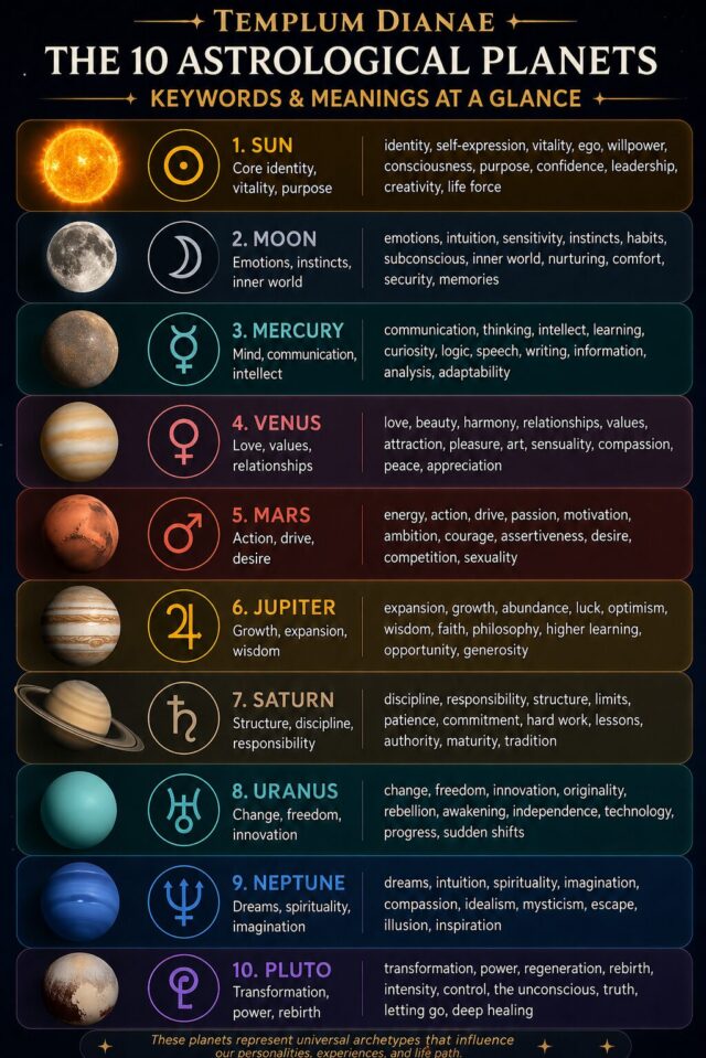 planets of astrology infographic with keywords and meanings