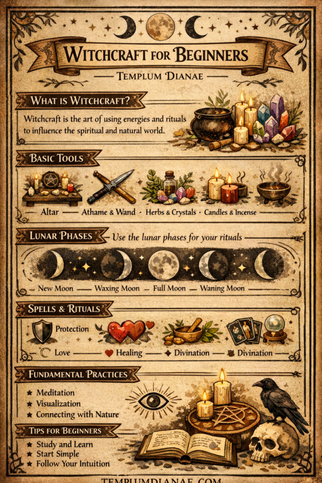 witchcraft for beginers vertical infographic with keywords