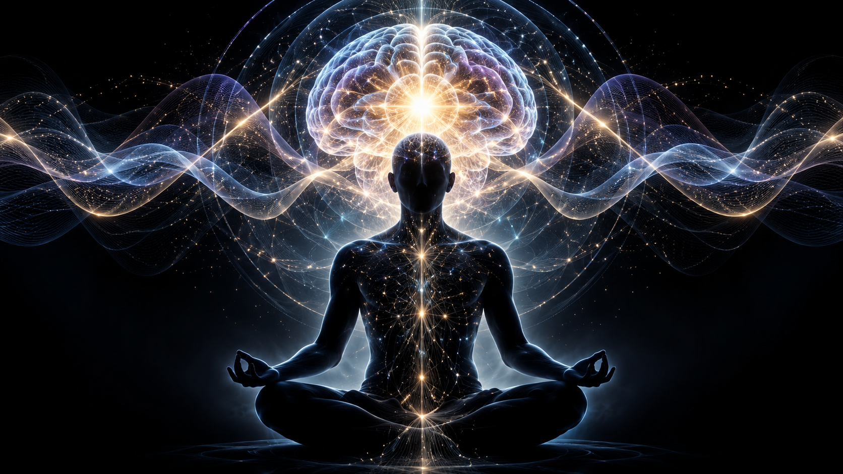 Meditating silhouette with luminous brain activity symbolizing altered states of consciousness and brain criticality