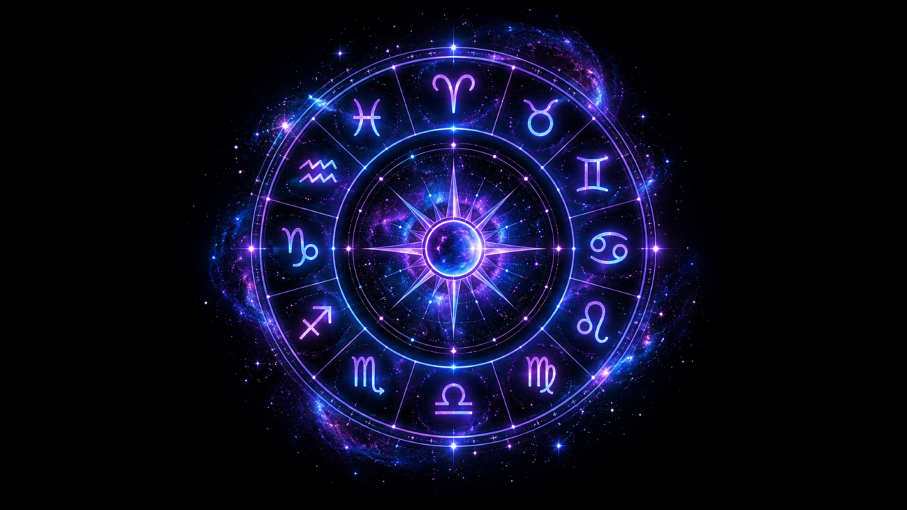 Daily horoscope zodiac wheel in a blue and violet cosmic style