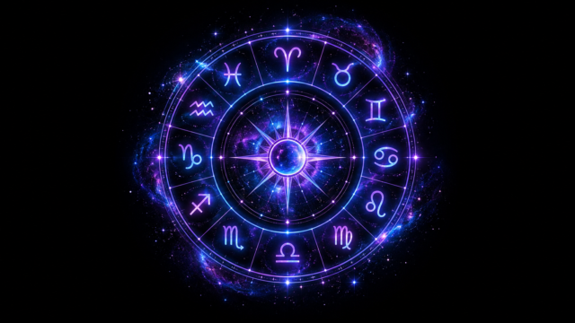 Daily horoscope zodiac wheel in a blue and violet cosmic style
