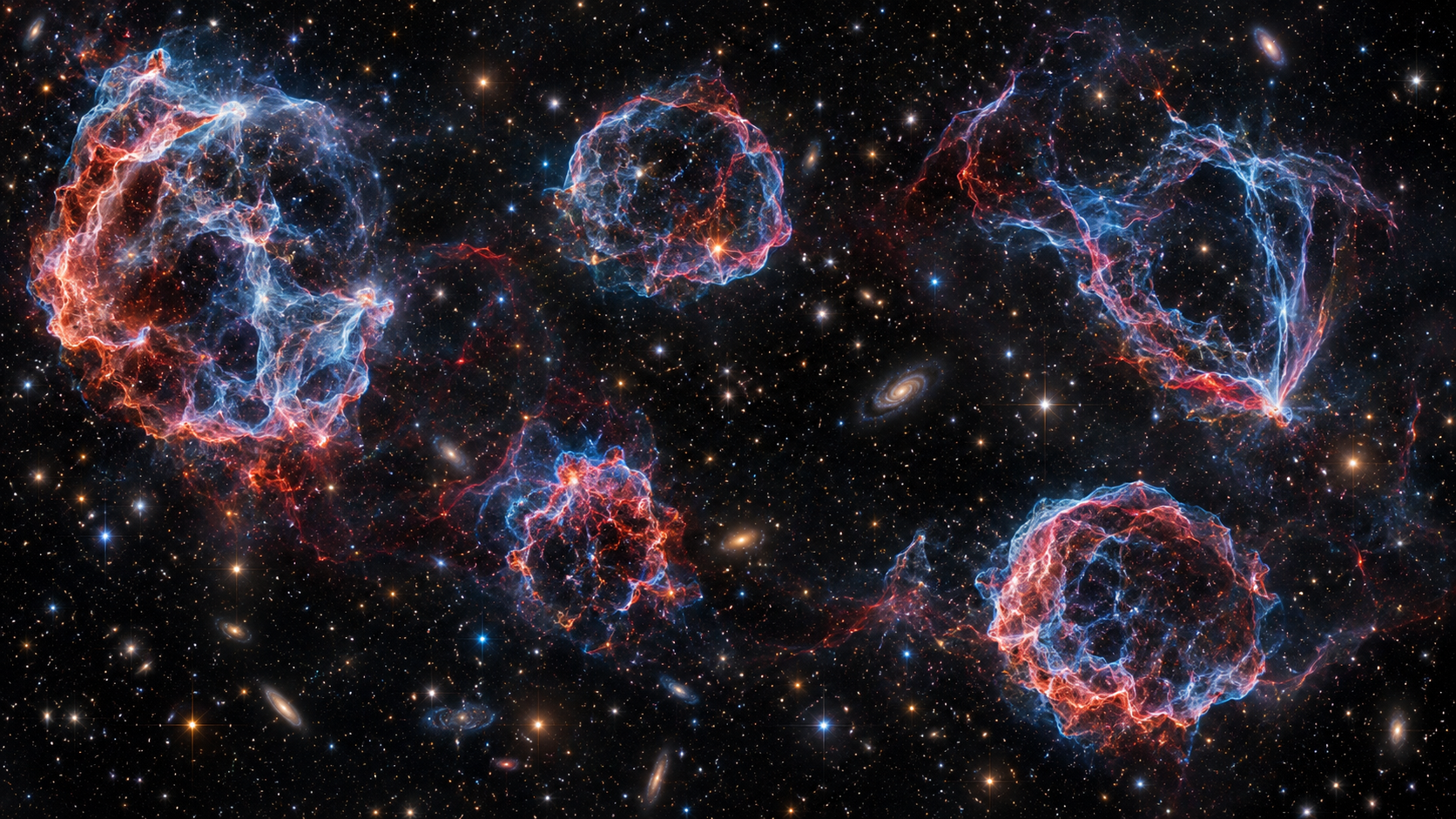 Five glowing supernova remnants spread across a dark star field