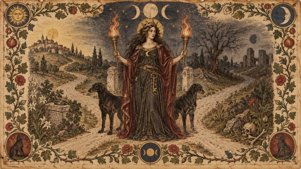 Medieval-style illustration of Hecate holding torches at a crossroads with guardian dogs, on antique parchment.