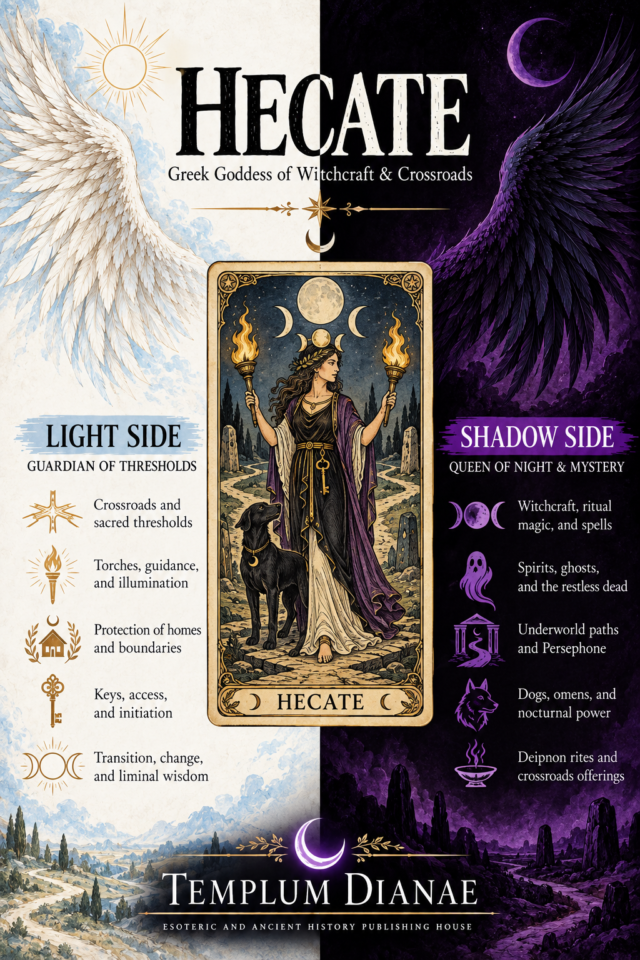 Infographic about Hecate, the Greek goddess of witchcraft and crossroads, depicted as a Rider-Waite style tarot figure with torches and a black dog, divided into light side and shadow side meanings.