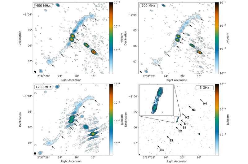 Multi-frequency radio observations of J023721.13−010528.5 showing four paired jet structures