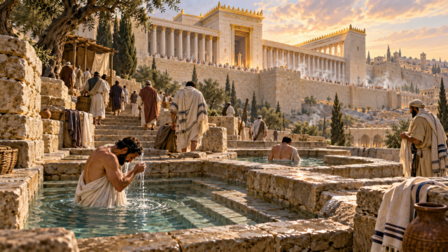 Ancient Jewish pilgrims using ritual baths near the Second Temple in Jerusalem
