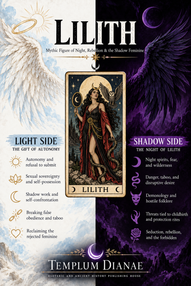 Lilith tarot-style infographic showing the mythic figure of night, rebellion and shadow femininity, with light side and shadow side meanings, serpent, owl and crescent moon symbolism.