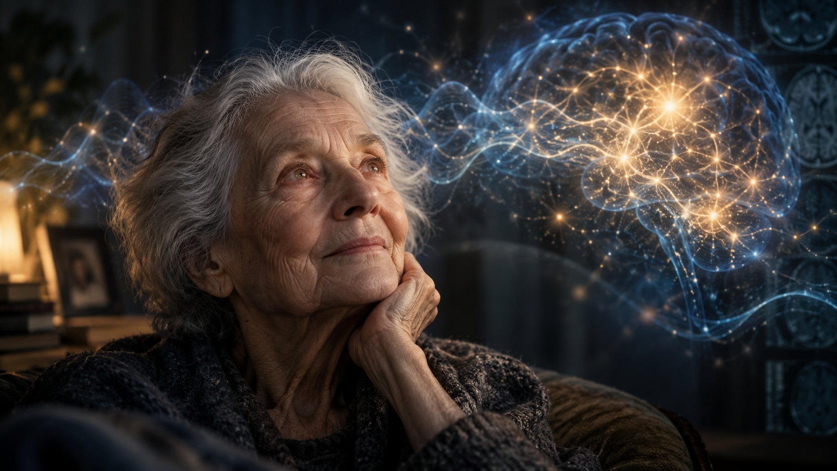 Elderly woman experiencing a moment of clarity with a glowing neural brain visualization
