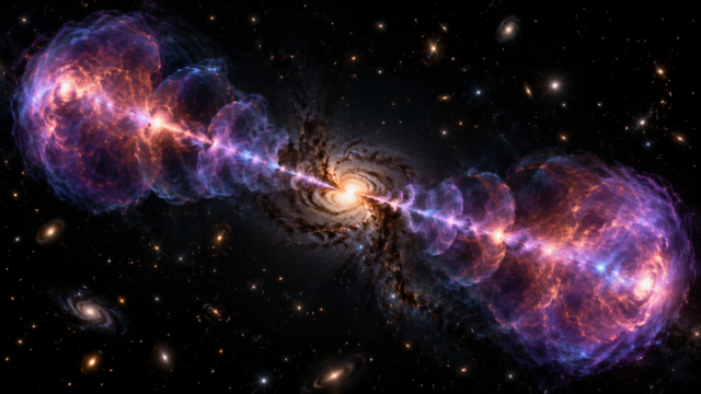 Giant radio galaxy with repeated black hole jet outbursts extending across deep space