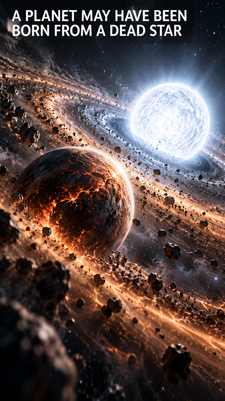 Vertical editorial image about a possible second-generation planet around a dead star