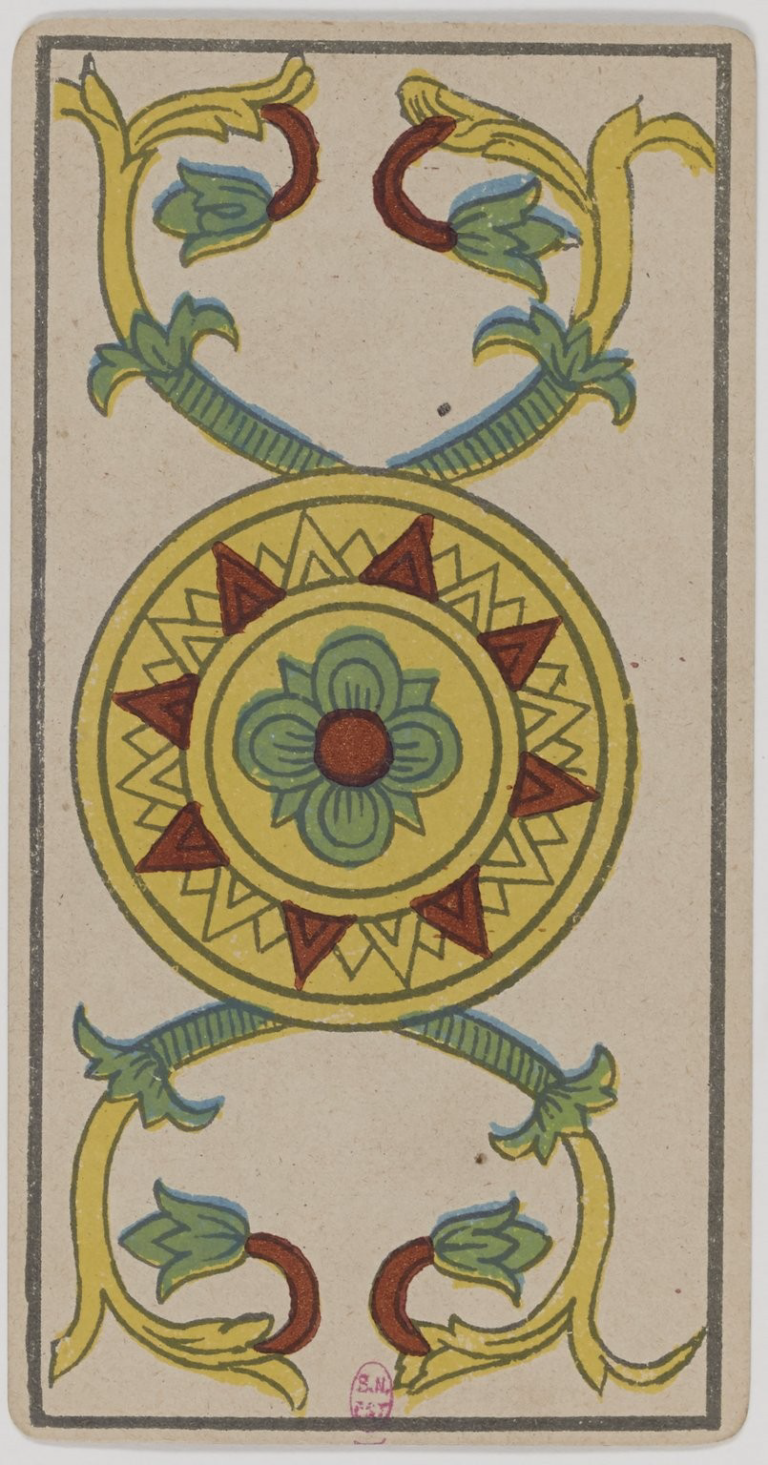 Ace of Coins Marseille Tarot card, historical Arnoult–Lequart 1890 coin suit illustration