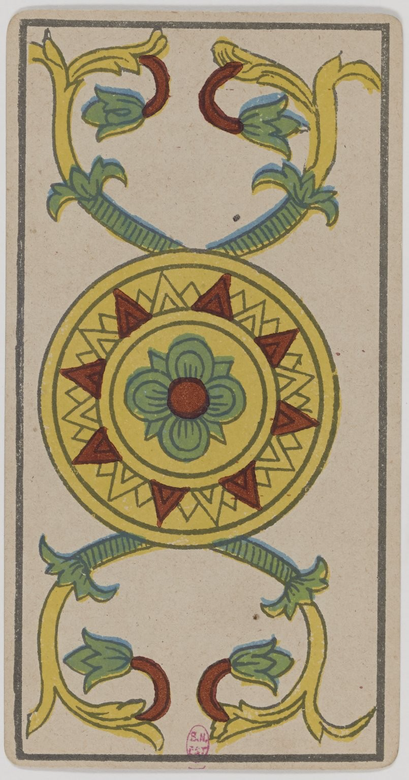 Ace of Coins Marseille Tarot card, historical Arnoult–Lequart 1890 coin suit illustration