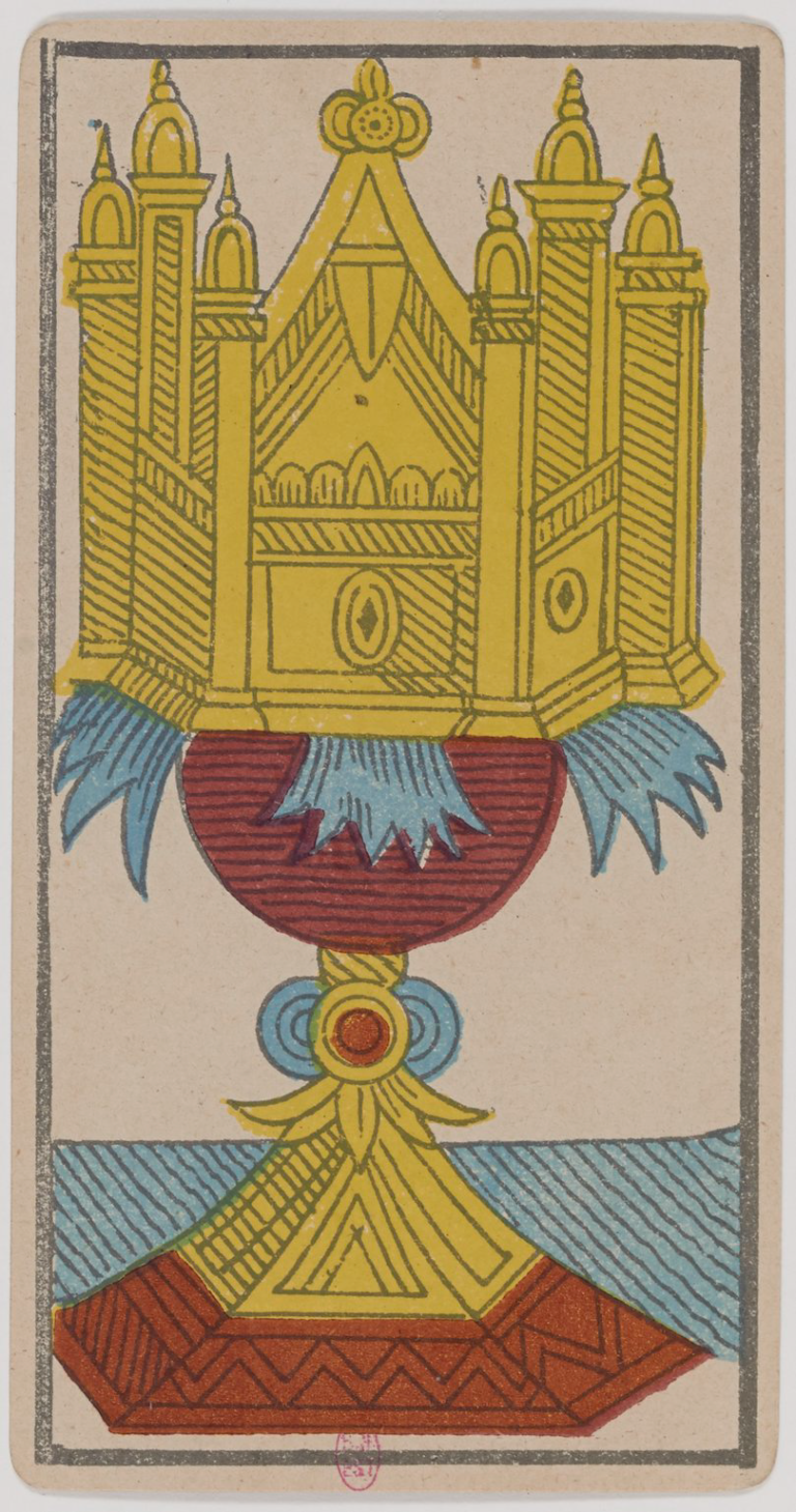 Ace of Cups Marseille Tarot card, historical Arnoult–Lequart 1890 Cups suit illustration