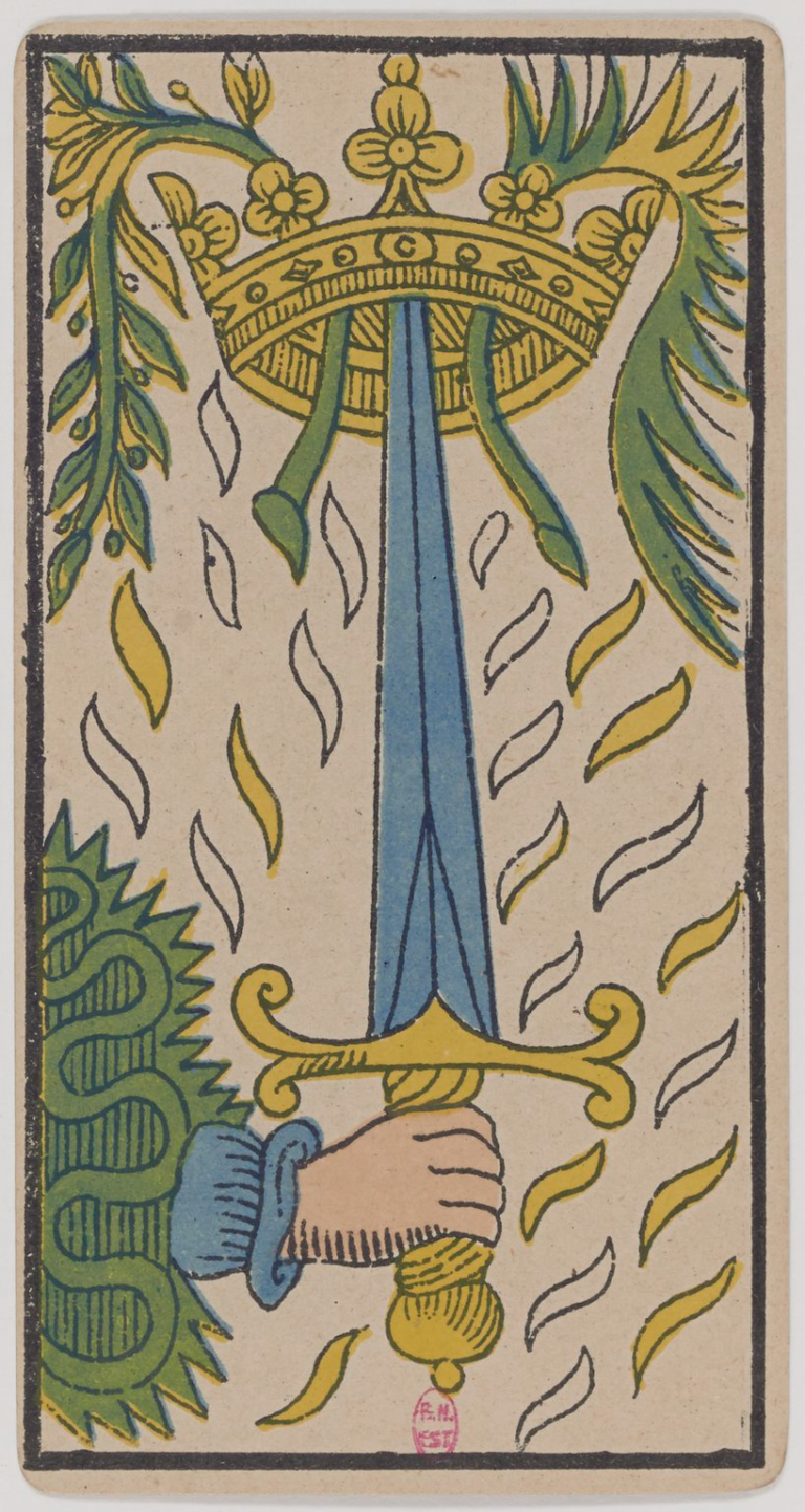 Ace of Swords Marseille Tarot card, historical Arnoult–Lequart 1890 Swords suit illustration