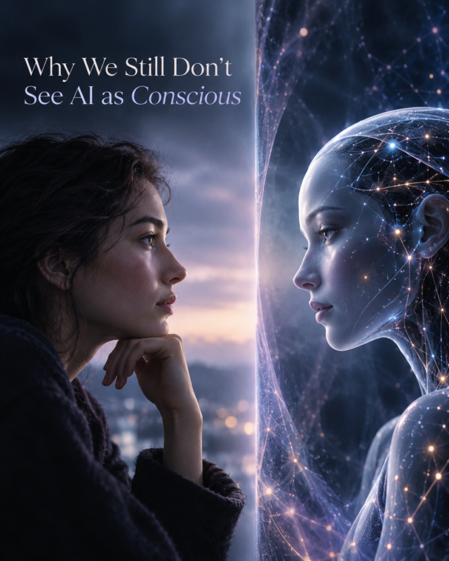 Human woman facing an AI figure, illustrating perceptions of AI consciousness