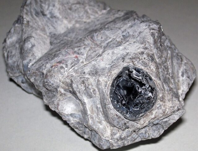 Black Apache tear obsidian nodule embedded in grey perlite rock from Arizona