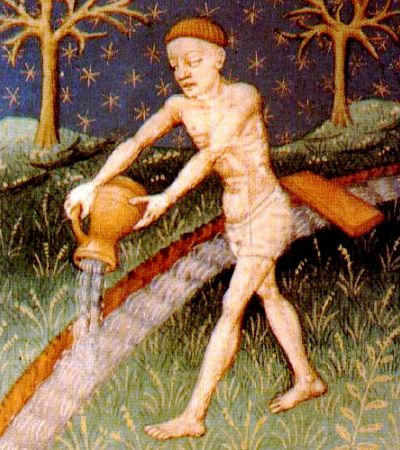 Aquarius zodiac sign depicted in a fifteenth-century illuminated Book of Hours by the Fastolf Master