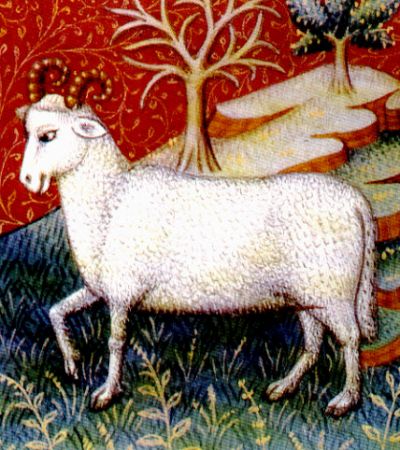 Aries zodiac sign illustrated as a ram in a medieval Book of Hours by the Fastolf Master