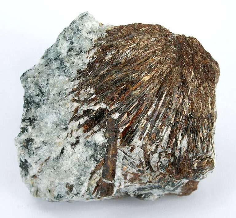 Astrophyllite mineral specimen with bronze metallic bladed crystals in rock matrix