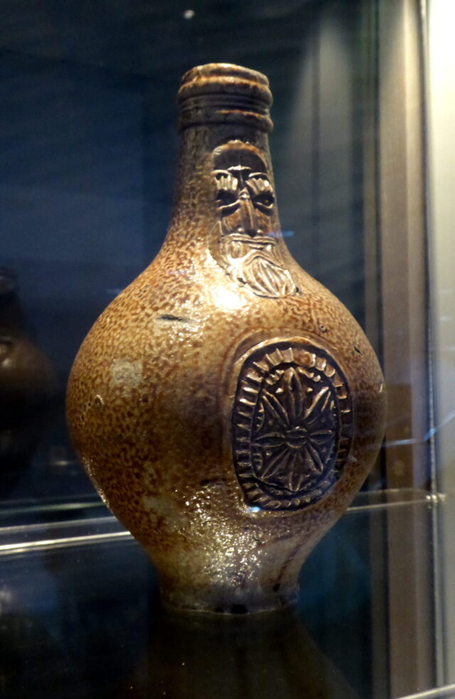 Authentic seventeenth-century Bellarmine jug believed to have been used as a protective witch bottle, photographed at London's Guildhall