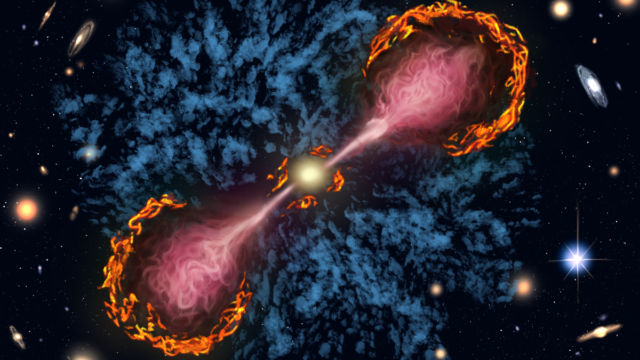 Artist illustration of a supermassive black hole launching jets into a galaxy's circumgalactic medium
