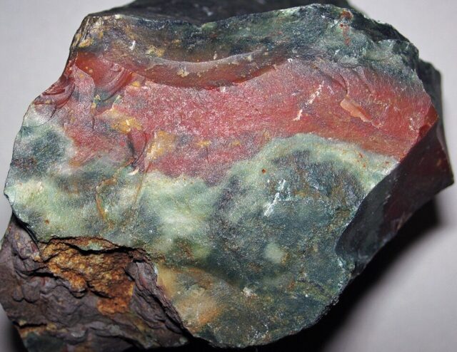 Dark green and red bloodstone heliotrope mineral specimen showing natural red jasper inclusions