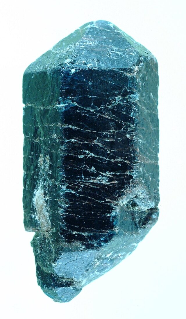 Natural blue apatite crystal specimen from Bahia Brazil showing mineral crystal structure