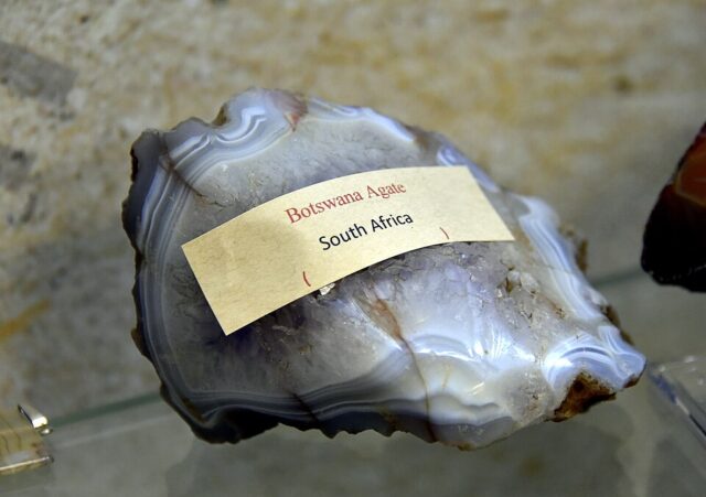 Photograph of Botswana agate stone specimen with natural grey and white bands