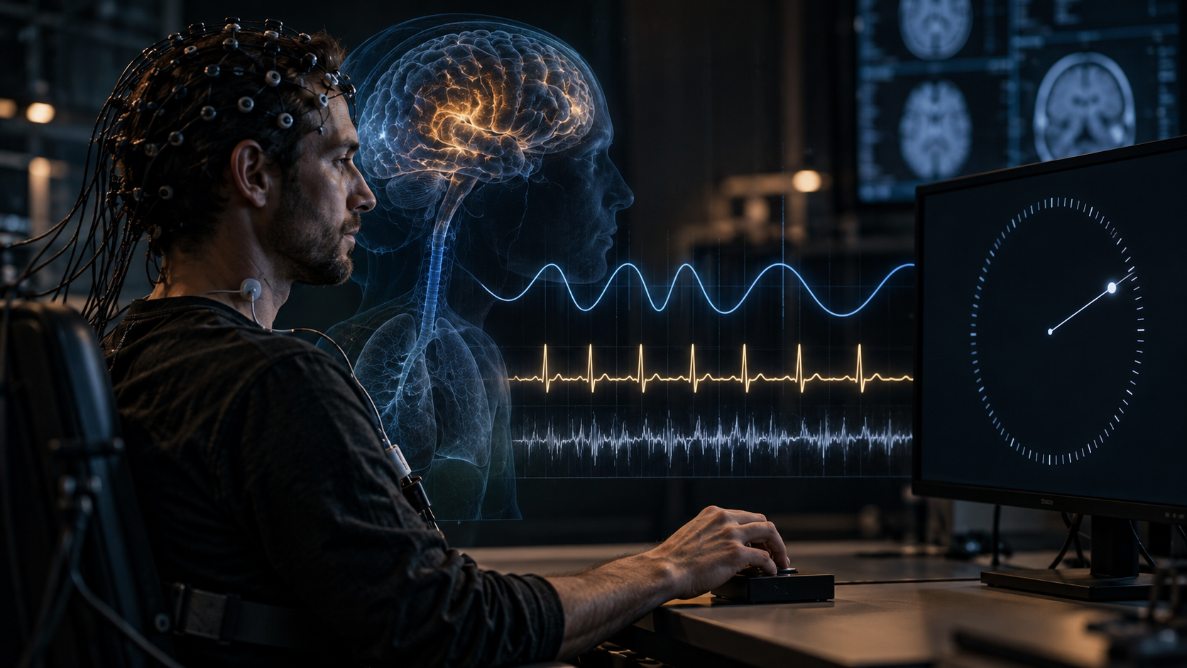 Participant in a neuroscience experiment with EEG monitoring, breathing rhythms and a Libet-style timing task